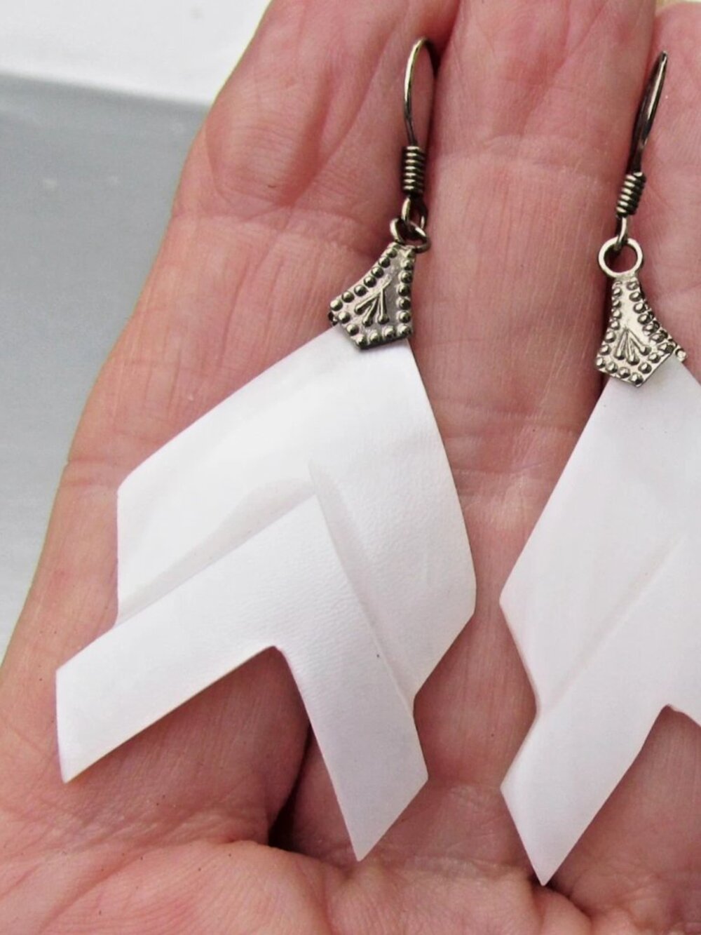 Vintage Sterling Silver Carved Mother-of-Pearl BIG Dangle Pierced Shell Earrings